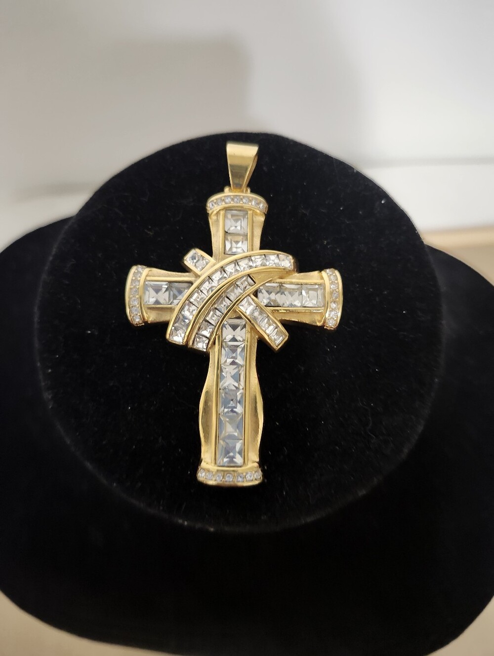 Gold Tone Crystal Cross Pendant - Clear Crystal Accents, 3" Tall New